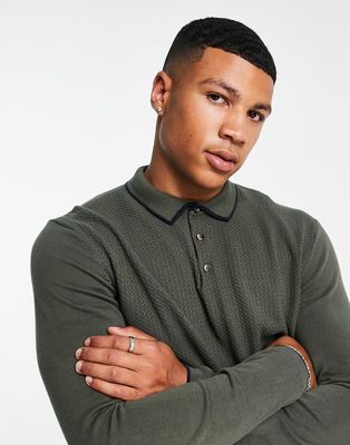 Seleted Homme knitted polo with tipping detail in khaki-Green