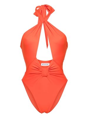 Self-Portrait bow-detail halterneck swimsuit - Orange