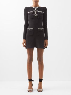 Self-portrait - Bow-trimmed Ribbed-knit Mini Dress - Womens - Black