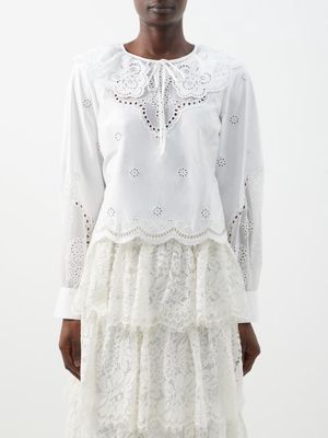 Self-portrait - Broderie-anglaise Cotton-lawn Top - Womens - White