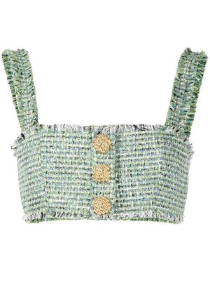 Self-Portrait button-embellished bouclé cropped top - Green