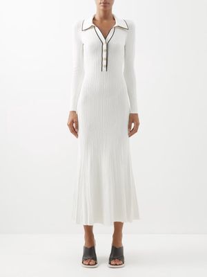 Self-portrait - Buttoned Rib-knitted Maxi Dress - Womens - Ivory