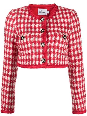 Self-Portrait checked bouclé cropped jacket - Red