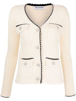 Self-Portrait contrasting-trim knitted cardigan - White