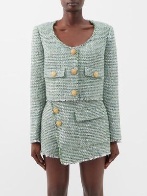 Self-portrait - Cropped Bouclé-tweed Jacket - Womens - Green