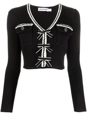 Self-Portrait cropped bow-detail knitted top - Black