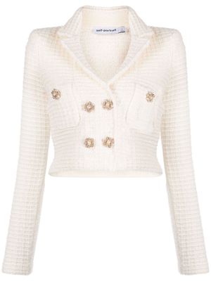 Self-Portrait cropped textured-knit jacket - White