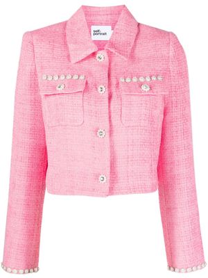 Self-Portrait crystal-embellished cropped tweed jacket - Pink