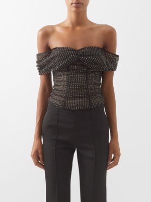 Self-portrait - Crystal-embellished Off-the-shoulder Fishnet Top - Womens - Black