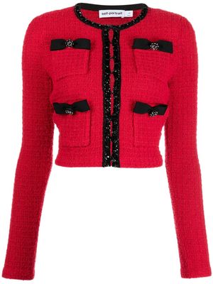 Self-Portrait crystal-embellished waffle-knit cardigan - Red
