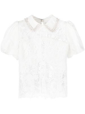 Self-Portrait faux-pearl detail guipure-lace blouse - White