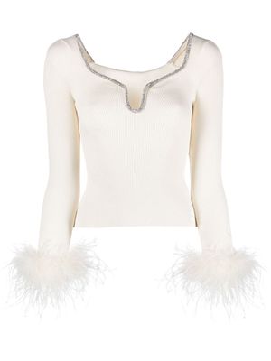 Self-Portrait feather-cuffs ribbed-knit top - White
