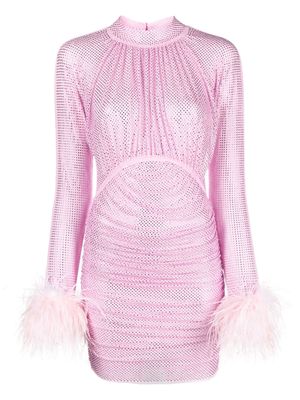 Self-Portrait feather-detail rhinestone mesh dress - Pink