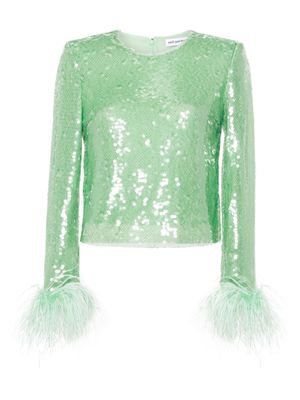 Self-Portrait feather-trim sequinned top - Green
