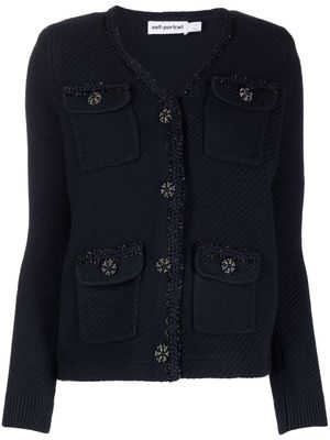 Self-Portrait flap-pocket knitted cardigan - Blue