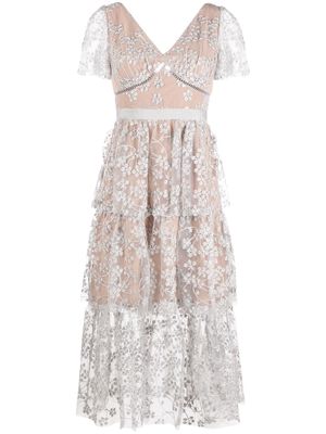 Self-Portrait floral-embroidered tulle dress - Grey