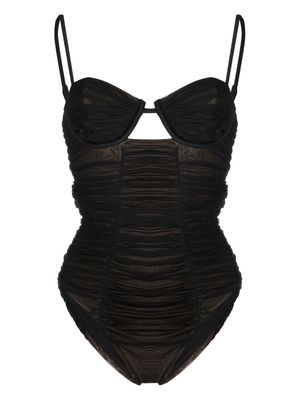 Self-Portrait gathered mesh swimsuit - Brown