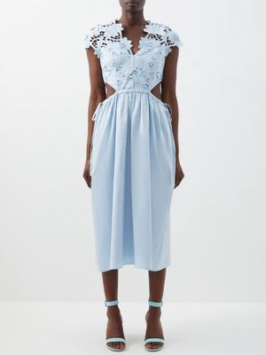 Self-portrait - Guipure Lace And Cotton-poplin Midi Dress - Womens - Light Blue