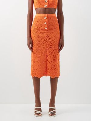 Self-portrait - Guipure-lace Midi Skirt - Womens - Orange
