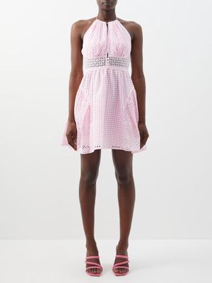 Self-portrait - Halterneck Broderie-anglaise Cotton Mini Dress - Womens - Light Pink