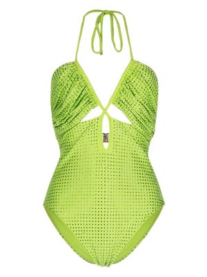 Self-Portrait Hot-Fix embellished strappy swimsuit - Green
