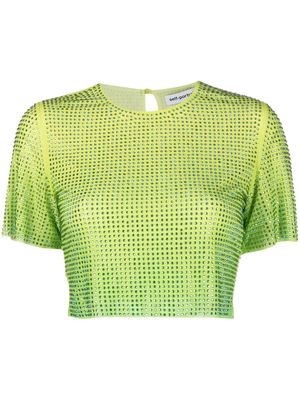 Self-Portrait Hotfix crystal-studded mesh cropped top - Green