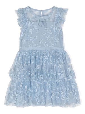 Self-Portrait Kids floral-embroidery bow-detail dress - Blue