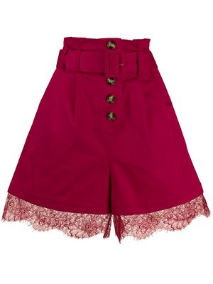 Self-Portrait lace trim belted shorts - Pink