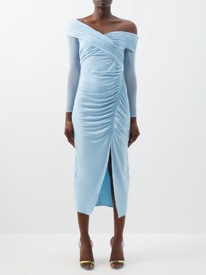 Self-portrait - Off-the-shoulder Gathered-jersey Midi Dress - Womens - Light Blue