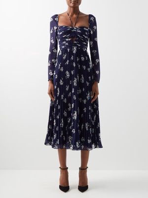 Self-portrait - Pansy-print Pleated-chiffon Midi Dress - Womens - Navy White