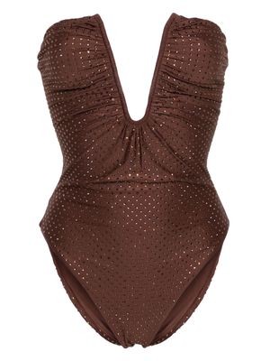Self-Portrait rhinestone-embellished strapless swimsuit - Brown