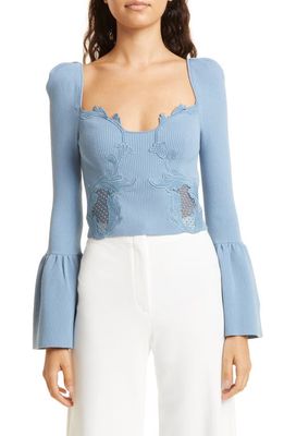 Self-Portrait Ribbed Embroidered Lace Inset Bell Sleeve Sweater in Pastel Blue