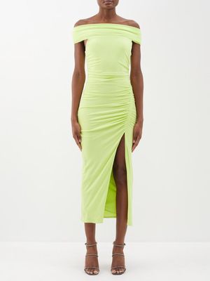 Self-portrait - Ruched Jersey Midi Dress - Womens - Lime Green