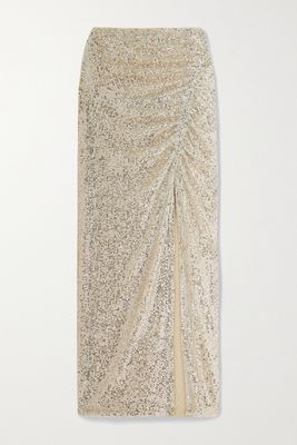 Self-Portrait - Ruched Sequined Maxi Skirt - Silver