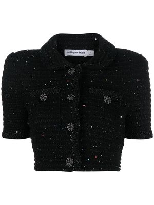 Self-Portrait sequin knitted polo shirt - Black