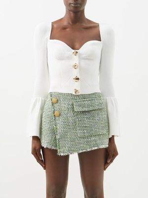 Self-portrait - Sweetheart-neckline Ribbed-knit Cardigan - Womens - White
