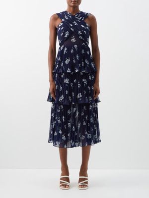 Self-portrait - Tiered Pansy-print Plissé Midi Dress - Womens - Blue Print