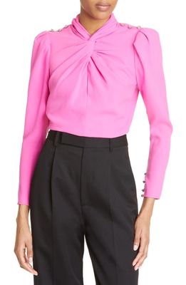 Self-Portrait Twisted Collar Stretch Crepe Blouse in Pink
