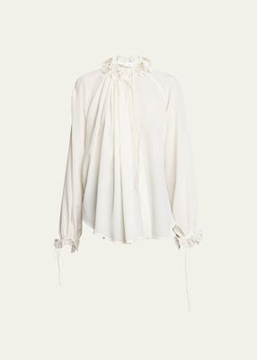 Self-Tie Ruched Mock-Neck Long-Sleeve Silk Blouse