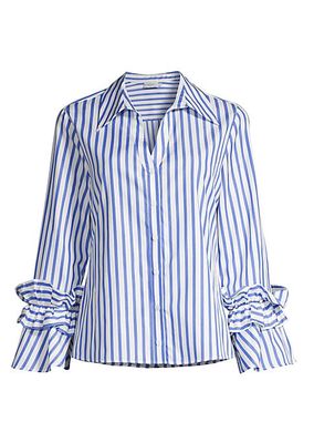 Selina Ruffled Stripe Cotton Button-Front Shirt