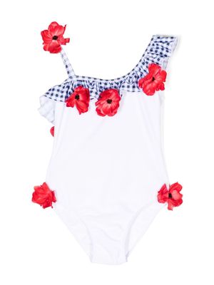 SELINIACTION KIDS floral-appliqué asymmetric swimsuit - White