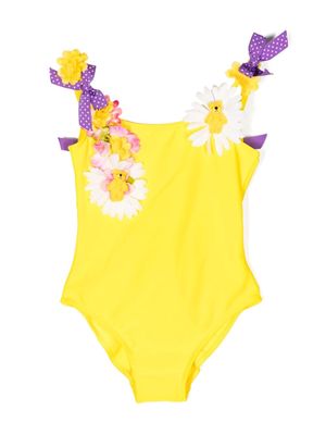 SELINIACTION KIDS floral-appliqué bow-detail swimsuit - Yellow