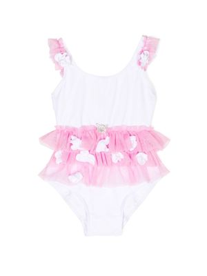 SELINIACTION KIDS floral-appliqué ruffled swimsuit - White