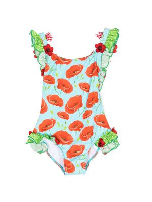SELINIACTION KIDS floral-print bow-detail swimsuit - Blue