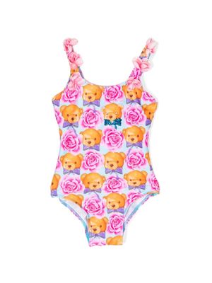 SELINIACTION KIDS teddy bear-print floral-appliqué swimsuit - Pink