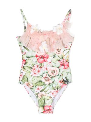 SELINIACTION KIDS tulle-collar floral-print swimsuit - Green