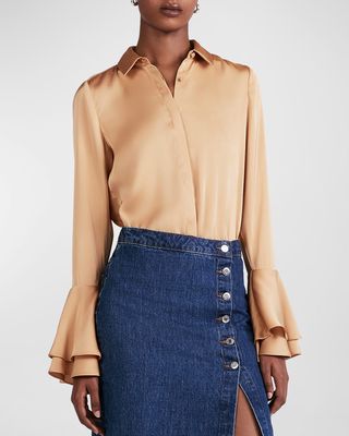 Selma Flare-Cuff Button-Front Blouse