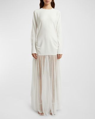 Semblance Ruched Tulle Long-Sleeve Maxi Dress