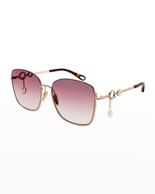 Semi-Rimless Square Metal Sunglasses w/ Detachable Charms