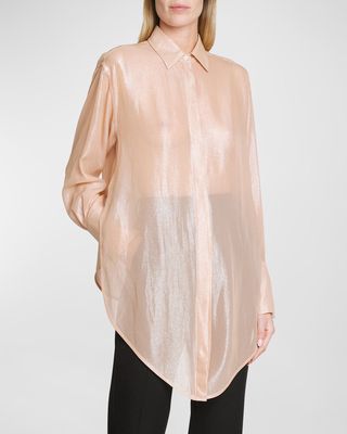 Semi-Sheer Button-Front Blouse with Drop Hem